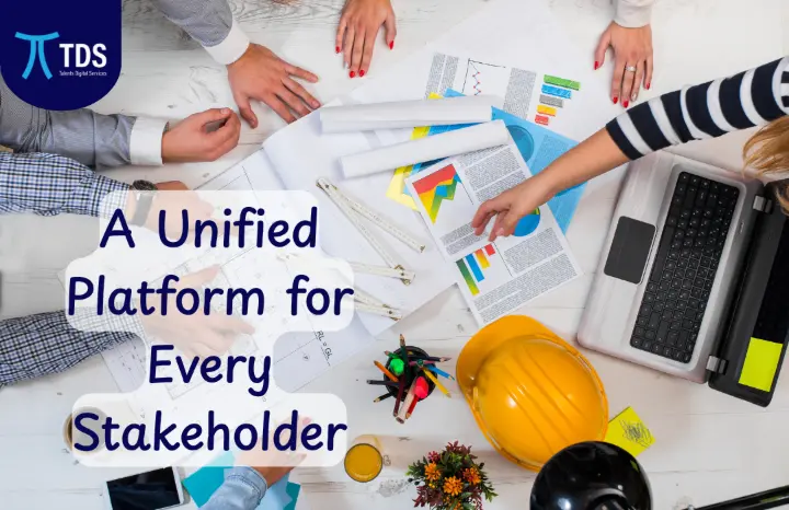 Hands of construction professionals collaborating on project documents with charts, blueprints, and tools—highlighting TDS’s unified ERP platform.