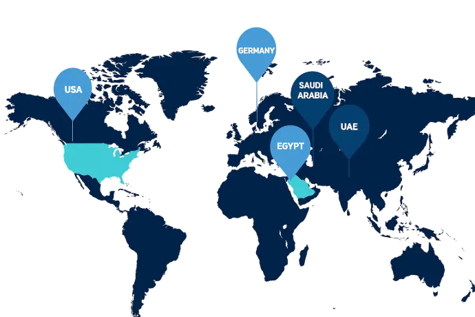 World map showing TDS global offices in USA, Germany, Saudi Arabia, UAE and Egypt for digital transformation and Odoo ERP services"