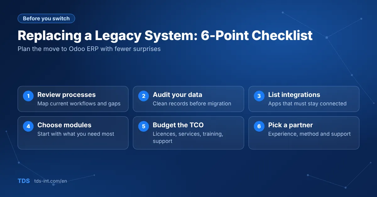 Checklist for replacing a legacy system with Odoo ERP Checklist for replacing a legacy system with Odoo ERP